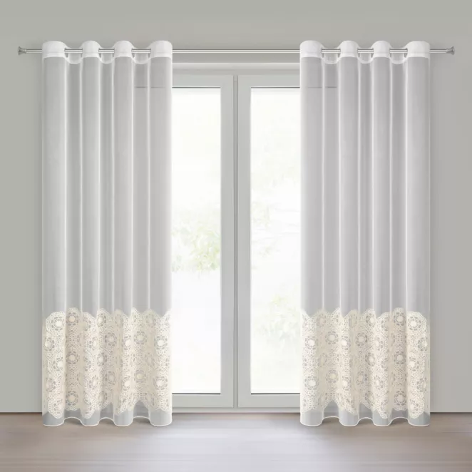 Firana beżowa z tkaniny typu peru zdobiona aplikacją 140x250 cm przelotka - LIZA Eurofirany