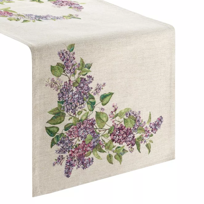 Obrus na stół naturalno, fioletowy 45x140 cm gobelinowy zdobiony motywem bzu Eurofirany