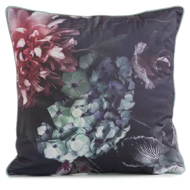 Poszewka na poduszkę 45x45 cm welwetowa, dwustronna z motywem kwiatów z wypustką na brzegach cienofioletowo, różowa VELVET 131 EUROFIRANY PREMIUM