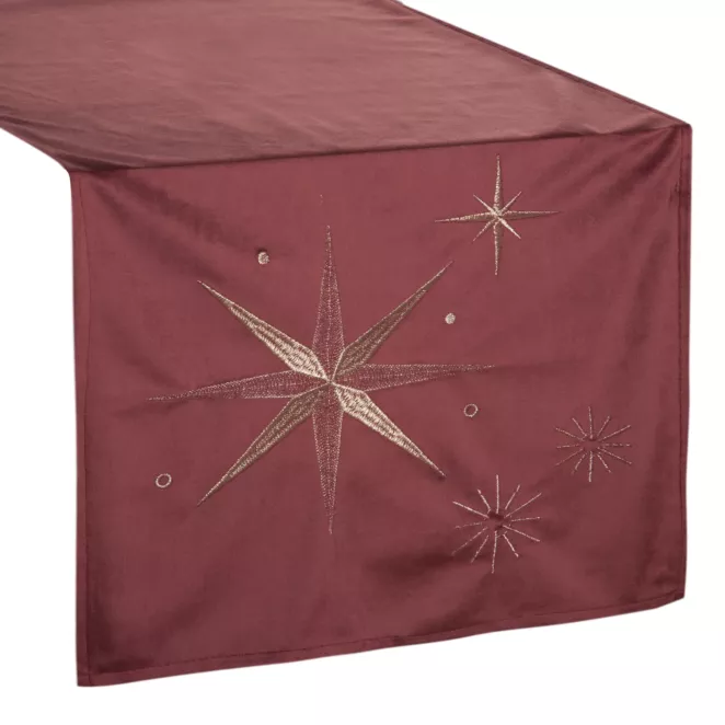 Bieżnik świąteczny na stół 40x140 cm bordowy welwetowy zdobiony szampańskimi gwiazdkami Eurofirany