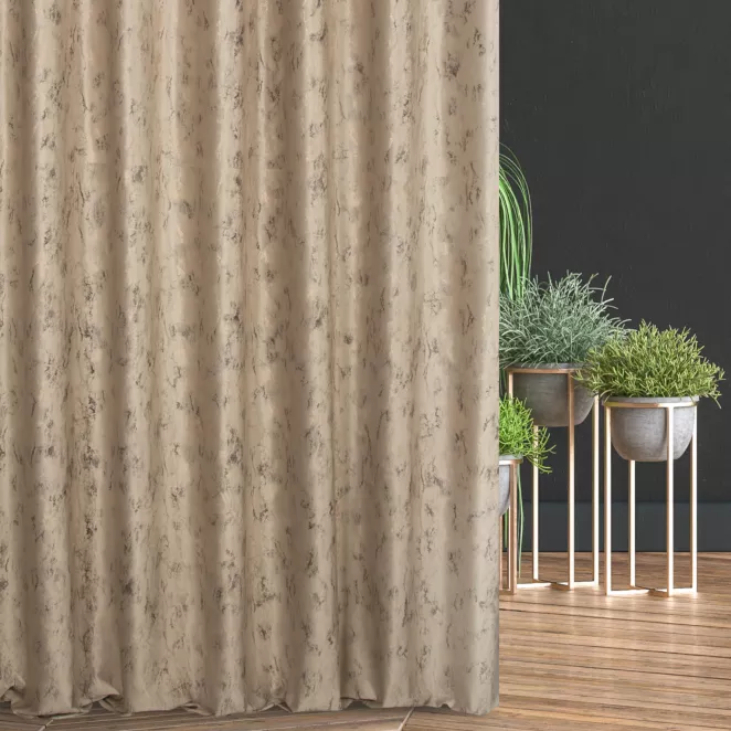 Zasłona szyta na taśmie fala beżowo złocista z tkaniny welwetowej ze złotym marmurkowym nadrukiem