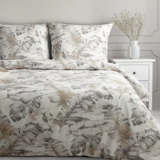 Pościel 140x200 cm bawełniana kolor biało, stalowy z nadrukiem liści LAYLA Eurofirany