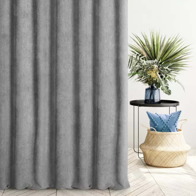 Zasłona szyta na taśmie fala stalowa z miękkiej matowej tkaniny szenilowej o naturalnym splocie