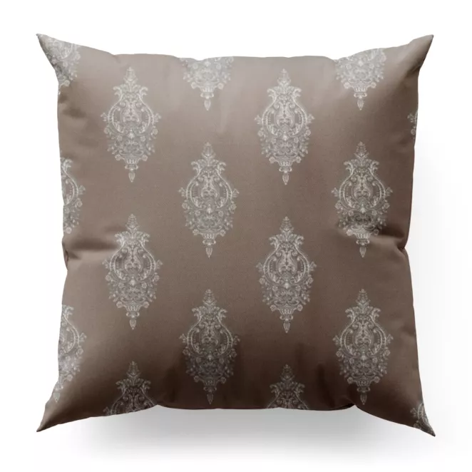 Poszewka szyta ciemnobeżowo srebrna z eleganckiej tkaniny w drobny ornamentowy wzór