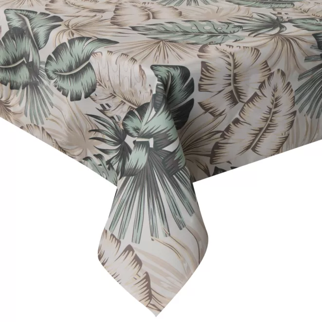 Obrus kremowo, zielony 140x220 cm wodoodporny GARDEN na taras oraz balkon z motywem egzotycznych liści