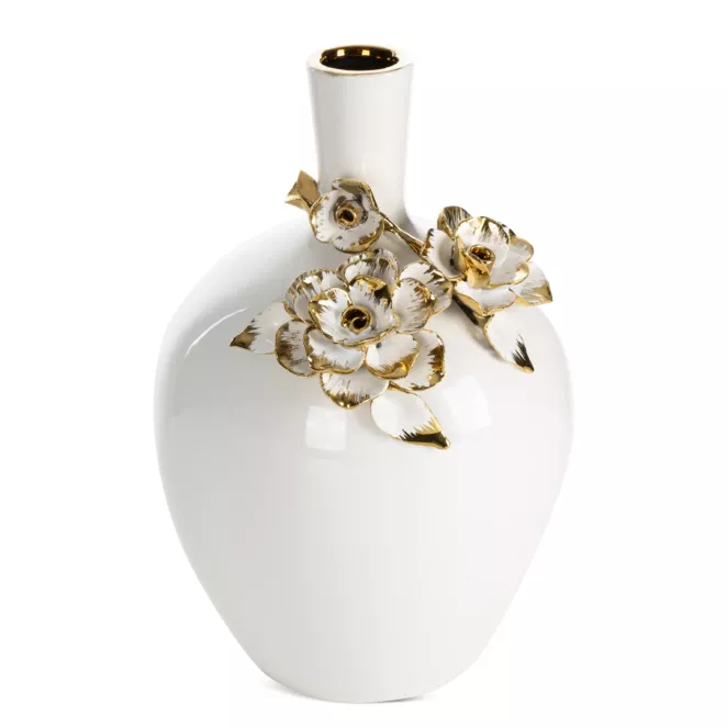 Wazon dekoracyjny biało, złoty zdobiony różami 3D  18x16x25 cm SARA Eurofirany