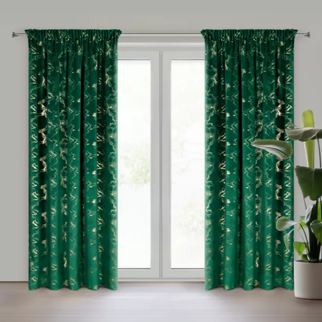 Zasłona ciemnozielono, szampańska welwetowa zdobiona błyszczącym nadrukiem 140x270 cm taśma - RAJA Eurofirany