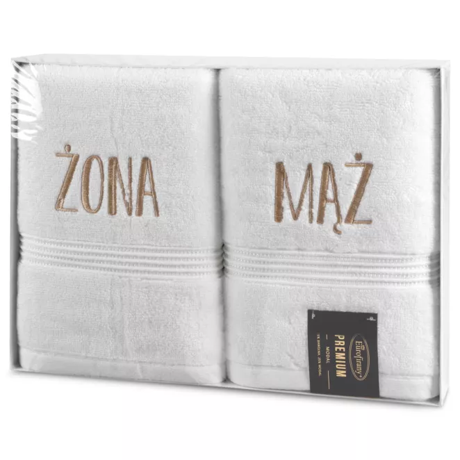 Zestaw ręczników bawełnianych na prezent 2 szt 50x90 cm kolor biały z haftem ŻONA MĄŻ Eurofirany