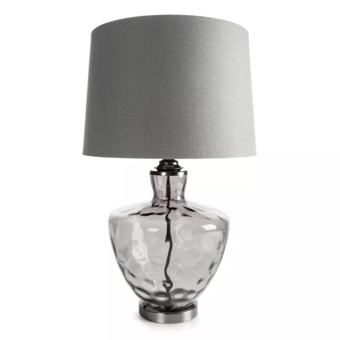 Lampa stołowa do pokoju srebrna ADELINE z lekko dymionego szkła i matowym abażurem Eurofirany