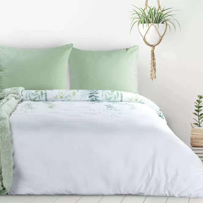 Pościel 220x200 cm kolor biało, zielony z motywem liści VERONO7 design 91 Eurofirany