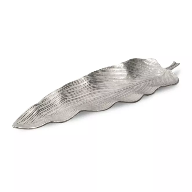 SARA metalowa patera srebrna w kształcie egzotycznego liścia 45x16x3 cm Eurofirany