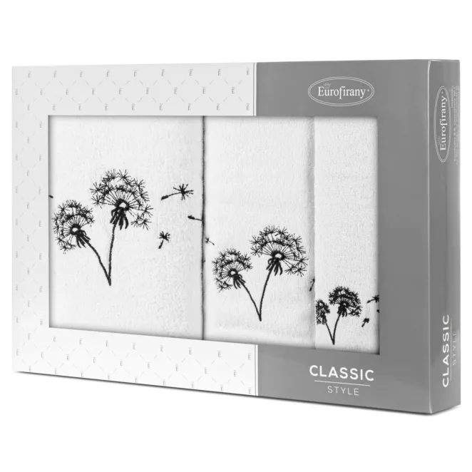 Zestaw ręczników bawełnianych 3 szt kolor biały, czarny z haftem dmuchawca 400 g/m2 MOLI Eurofirany