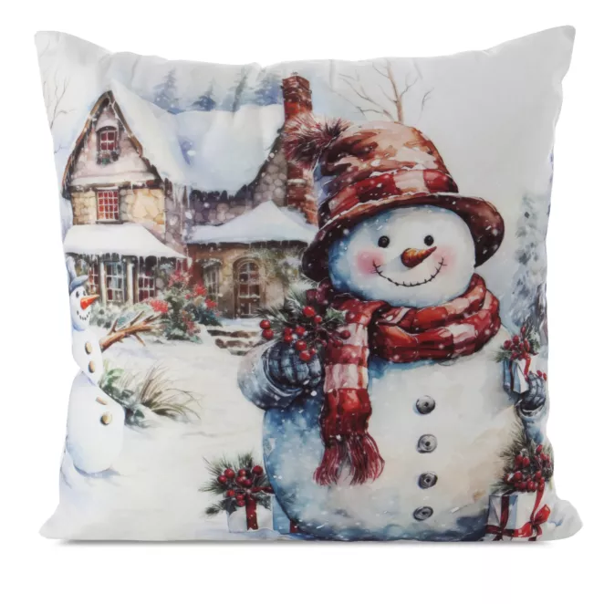 Poszewka na poduszkę świąteczna 45x45 cm biało, czerwona zdobiona nadrukiem uroczego bałwanka Eurofirany