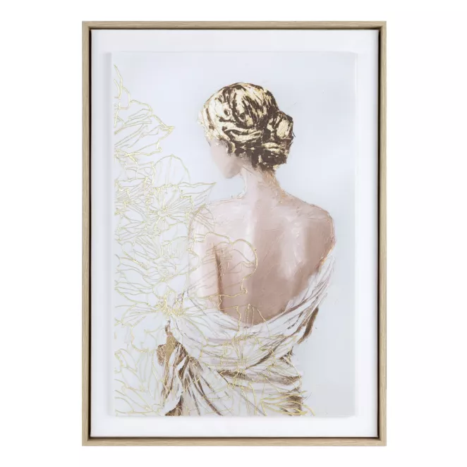 Obraz kremowo, złoty dekorayjny z artystycznym motywem postaci oprawiony w ramę 50x70 cm Eurofirany