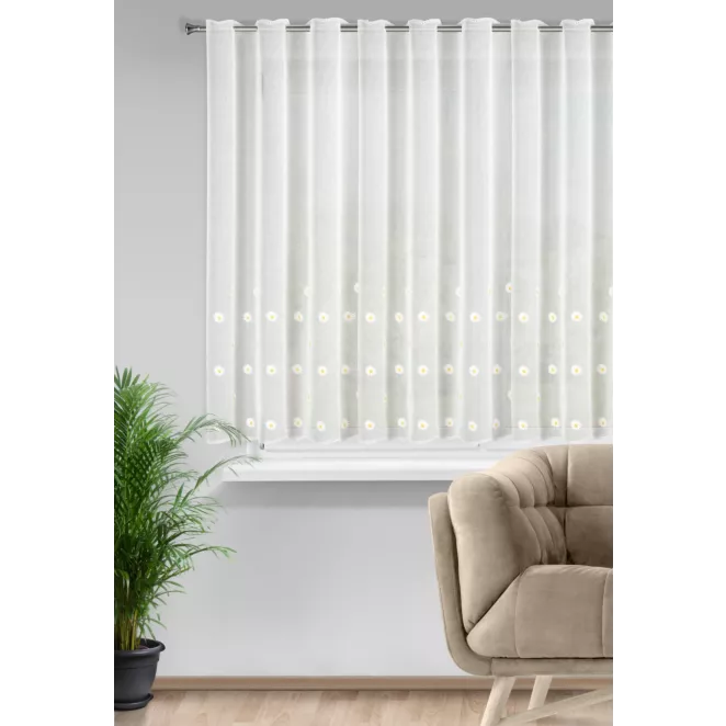 Firana biała z etaminy zdobiona haftem stokrotek 350x145 cm tunel - BELLIS Eurofirany