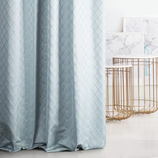 Zasłona szyta na taśmie fala LANA błękitna w elegancki wzór marokańskiej koniczyny z lekkim połyskiem