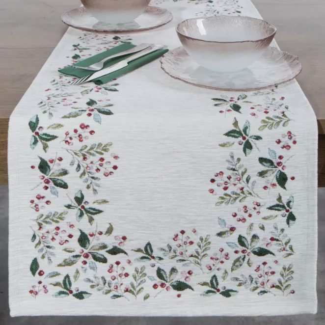 Świąteczny bieżnik kolor naturalno, zielony 40x100 cm szenilowy tkany motywem świątecznym Eurofirany