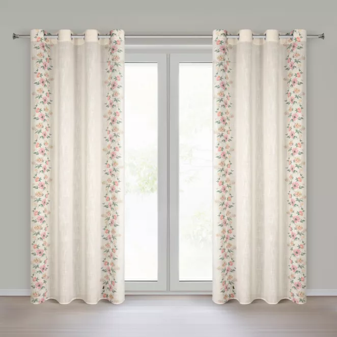 Zasłona naturalno, różowa z dodatkiem lnu zdobiona wiosennymi kwiatami 140x250 cm przelotka - VANESA  Eurofirany