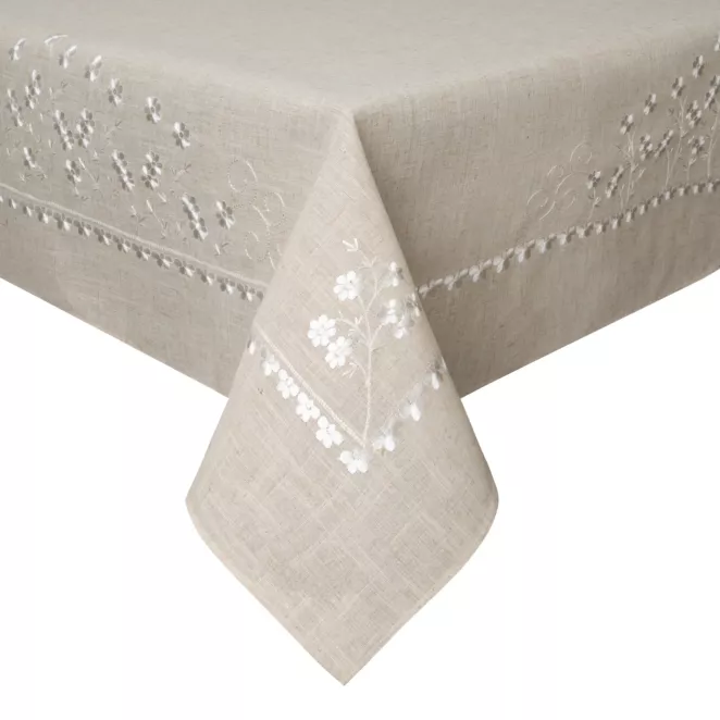 Obrus na stół beżowy 140x180 cm ADELINE z dodatkiem lnu zdobiony haftem Eurofirany