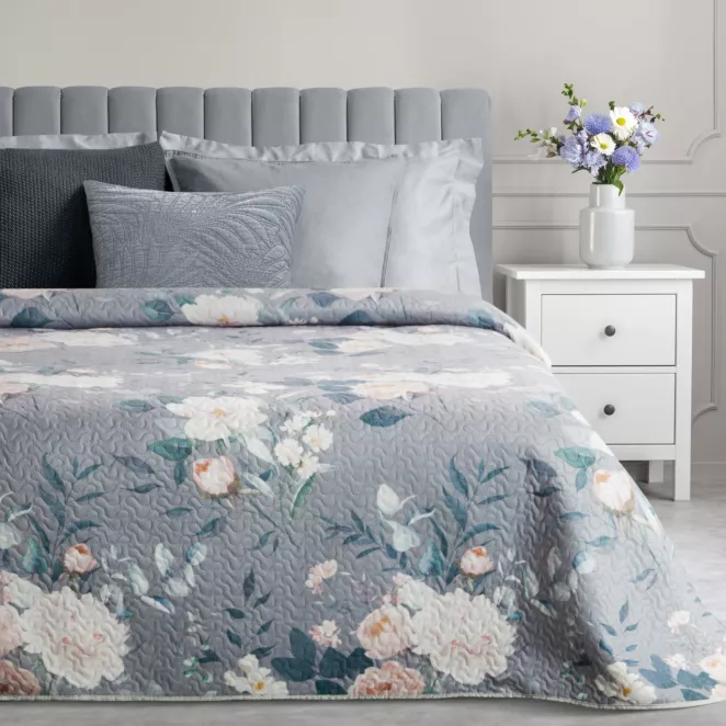 Narzuta welwetowa srebrno, kremowa 170x210 cm zdobiona nadrukiem kwiatów ROSITA Eurofirany