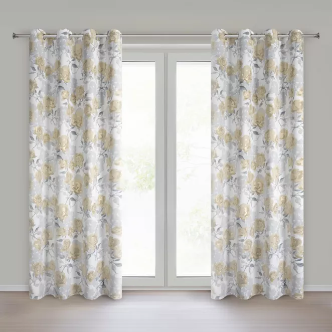 Zasłona srebrno, musztardowa z tkaniny zaciemniającej zdobiona nadrukiem kwiatów i złotym wykończeniem 140x250 cm przelotki - INARI Eurofirany