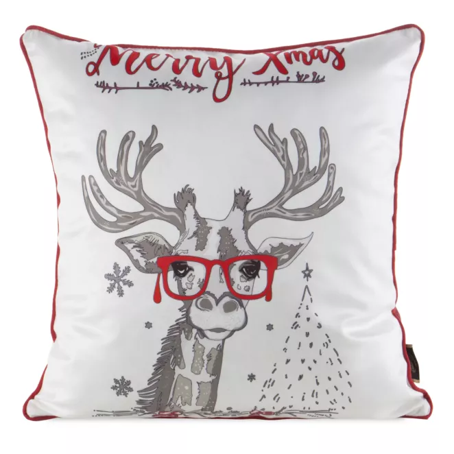 Poszewka na poduszkę świąteczna 45x45 cm biało, czerwona zdobiona zabawnym nadrukiem i elegancką wypustką Eurofirany