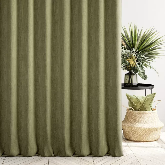 Zasłona szyta na taśmie fala ciemnooliwkowa z tkaniny o naturalnym splocie z efektem melanżu