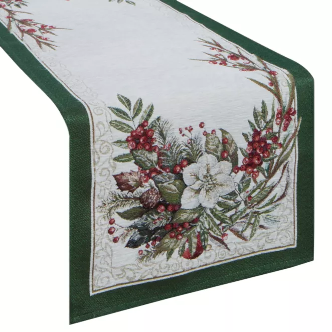 Świąteczny bieżnik kolor naturalno, zielony 45x140 cm szenilowy tkany motywem świątecznym Eurofirany