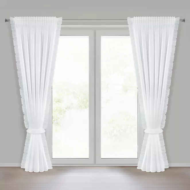 Firana biała z etaminy zdobiona po bokach falbanami podkreślona lśniącymi kryształkami w zestawie ozdobny troczek 140x270 taśma KATHY Eurofirany