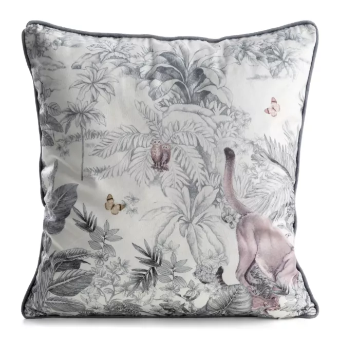 Poszewka na poduszkę 45x45 cm welwetowa biało, szara z roślinnym nadrukiem VELVET 203 Eurofirany