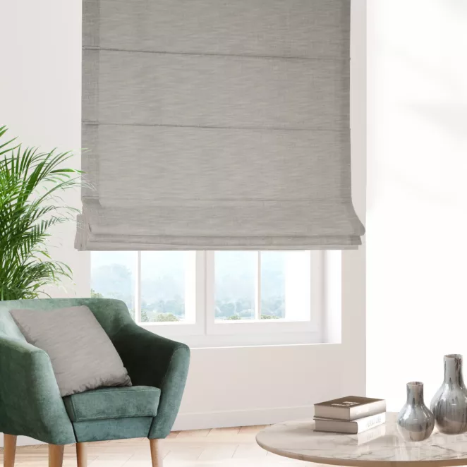 Roleta rzymska szarobeżowa z tkaniny z dodatkiem lnu, z melanżowym splotem ekologiczna