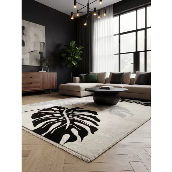 Dywan 60x100 cm kremowo, czarny zdobiony motywem liści monstery AURA1 Eurofirany