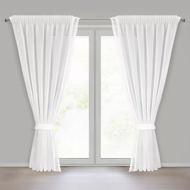 Komplet firan białych 2 szt z etaminy zdobionych subtelnymi frędzlami w zestawie troczki 140x270 cm taśma KIRA 3 Eurofirany