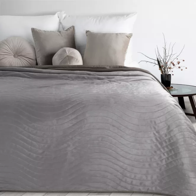 Narzuta welurowa srebrna 170x210 cm pikowana metodą hot press wzór falisty LUIZ 10 Design 91 Eurofirany