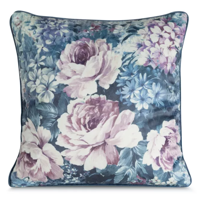 Poszewka na poduszkę 45x45 cm welwetowa ciemnoniebiesko, różowa z roślinnym nadrukiem VELVET 204 Eurofirany