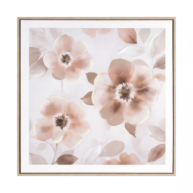 Obraz pudrowo, kremowy nadruk na płótnie w kwiaty 60x60 cm Eurofirany