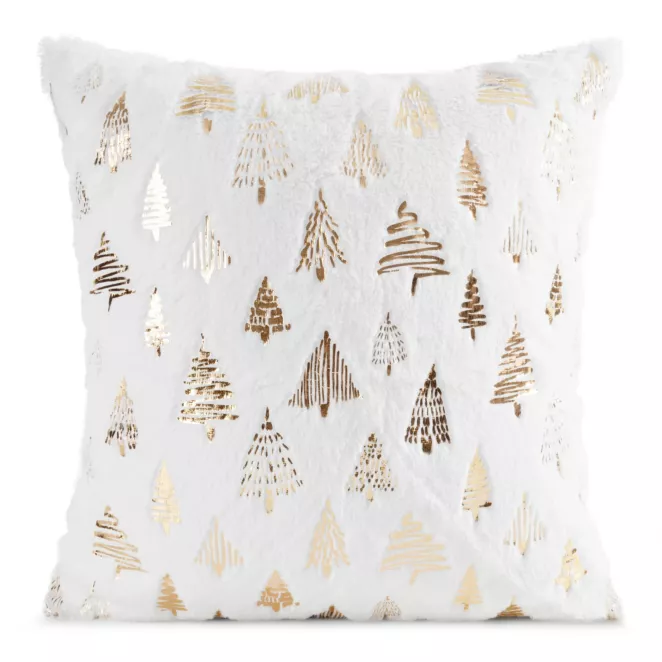 Poszewka na poduszkę świąteczna 45x45 cm biało, złota z przyjemnego futerka zdobiona nadrukiem choinek Eurofirany