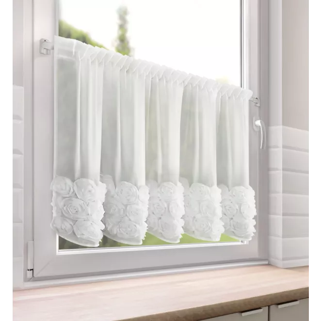 Zazdrostka biała z szyfonu zdobiona pasem 3D róż 70x150 cm taśma marszcząca - ROSES- EVA MINGE Eurofirany