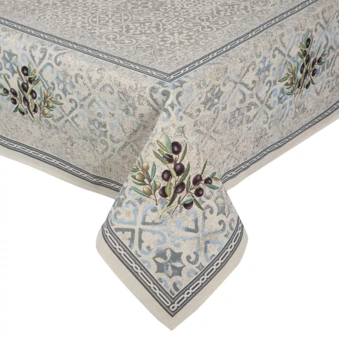 Obrus naturalno, niebieski 140x180 cm gobelinowy z nadrukiem gałązki oliwnej