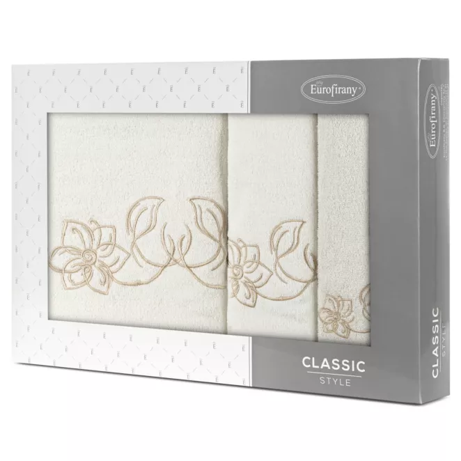 Zestaw ręczników bawełnianych 3 szt kolor kremowy, beżowy z haftem subtelnych kwiatów 400 g/m2 LILA Eurofirany