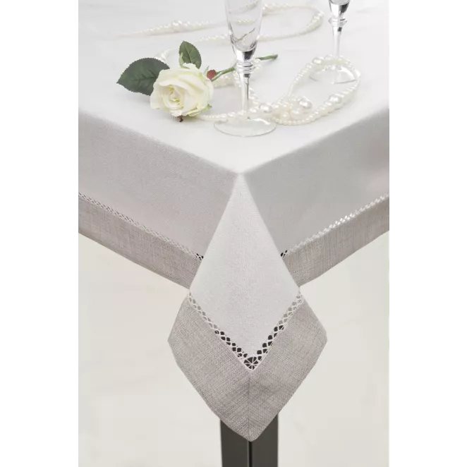 Bieżnik na stół biało, srebrny 85x85 cm EMMA z mereżką i ozdobną listwą