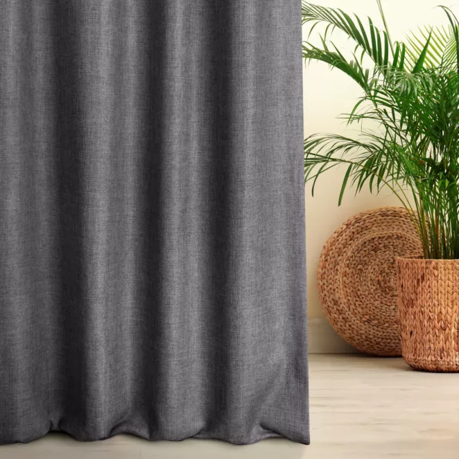 Zasłona szyta na taśmie fala LOVELY grafitowa z widocznym ozdobnym splotem, o naturalnym charakterze