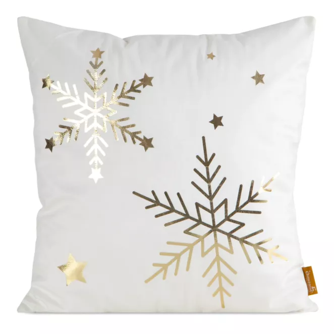Poszewka na poduszkę świąteczna 45x45 cm welwetowa biała zdobiona nadrukiem szampańskich śnieżynek Eurofirany