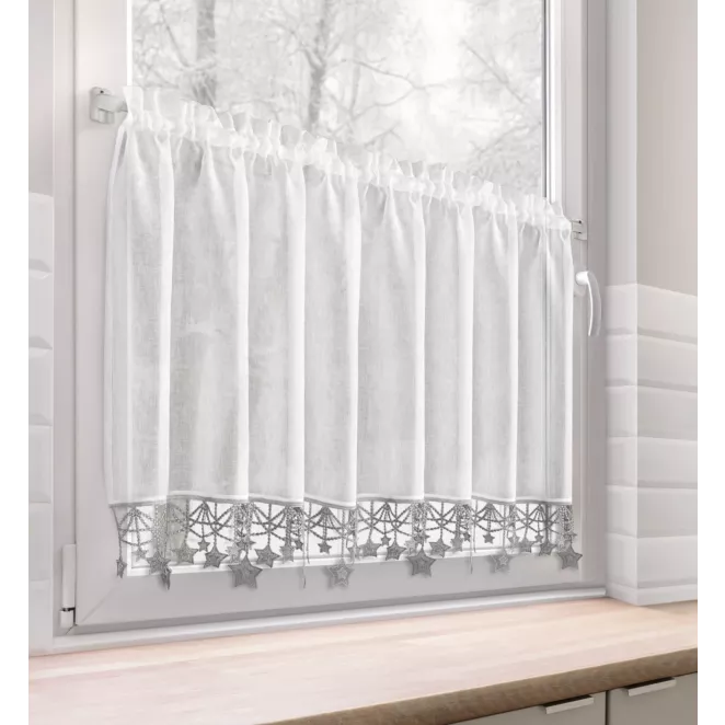 Zazdrostka świąteczna biało, srebrna z etaminy zdobiona luźno zwisającymi gwiazdkami 150x60 cm tunel - XMAS Eurofirany