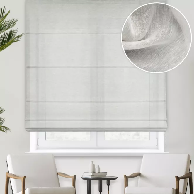 Roleta rzymska popielata wykonana z naturalnej lnianej tkaniny, matowa, wykończona obciążnikiem