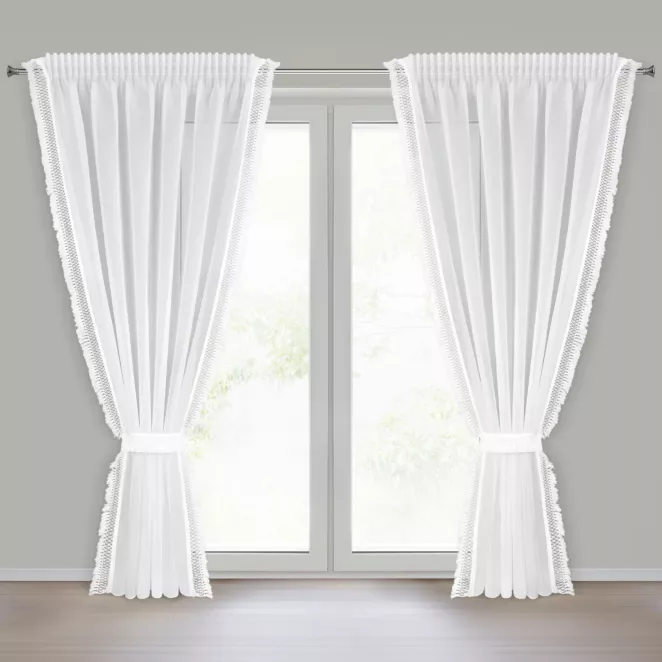 Firana biała z etaminy zdobiona na bokach subtelnymi frędzlami w zestawie troczek 140x270 cm taśma KIRA 2 Eurofirany