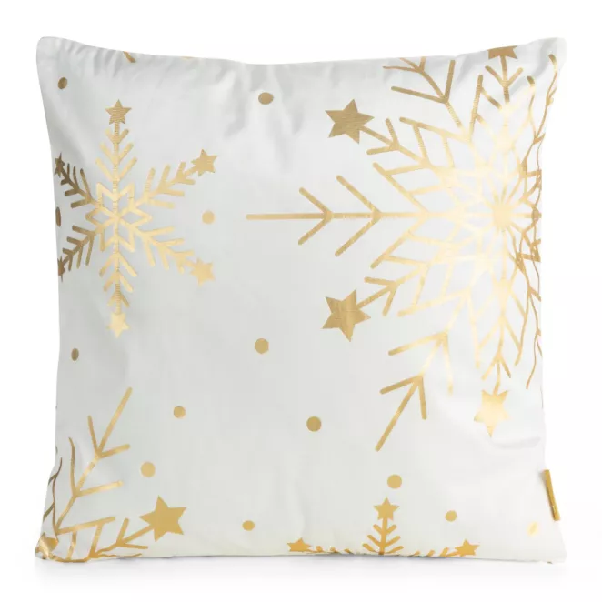 Poszewka na poduszkę  45x45 cm welwetowa biała zdobiona świątecznym nadrukiem szampańskich śnieżynek Eurofirany