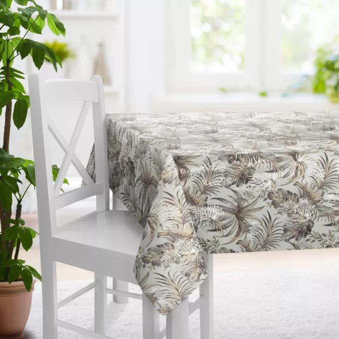 Obrus szyty biało srebrny miękka, welwetowa, z nadrukowanym motywem botanicznym i błyszczącymi elementami