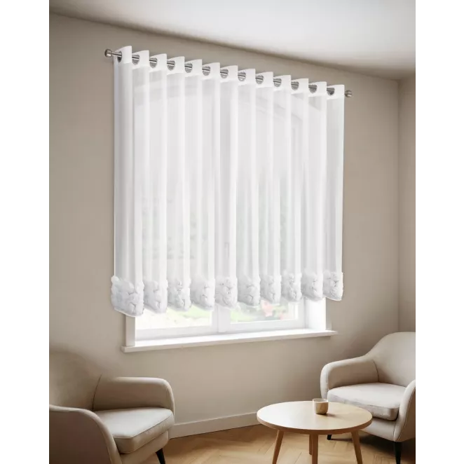 Firana z siateczki biała zdobiona pasem aplikacji 3D róż 350x160 cm taśma ROSES Eva Minge Eurofirany