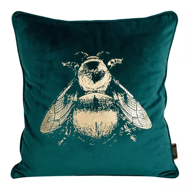 Poszewka na poduszkę 45x45 cm welwetowa dwustronna z nadrukiem złocistej pszczoły, tył z tkaniny o strukturze lnu turkusowa BLINK 41 Eurofirany